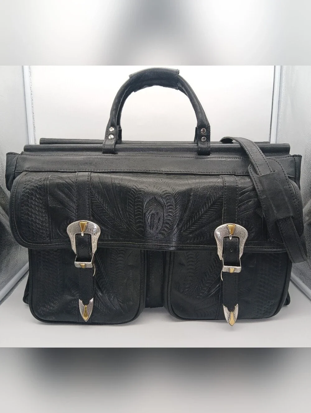 Ropin West Black Hand-tooled Leather Duffle/Carry-on 741 Bag
